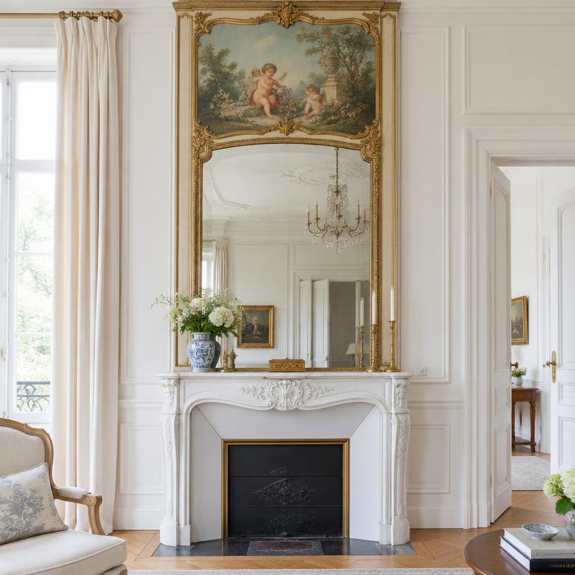Miroir trumeau et cheminée en marbre