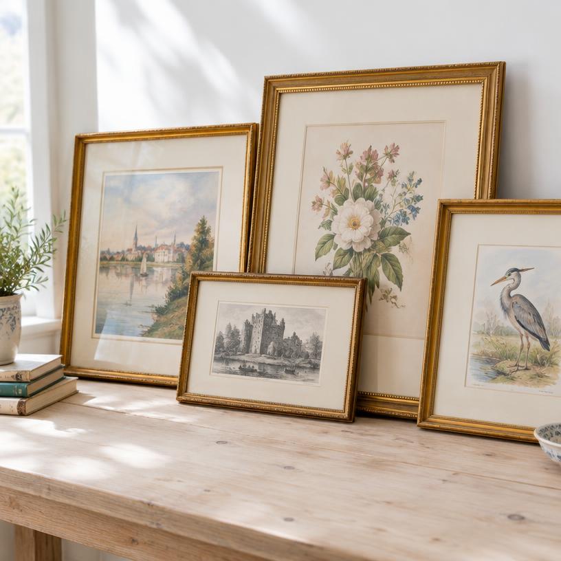 Aquarelles et gravures anciennes encadrées