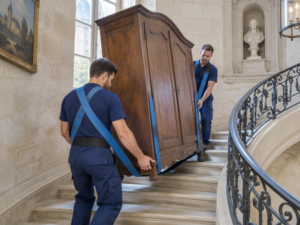 Manutentionnaires descendant une armoire ancienne avec des sangles dans un escalier en pierre
