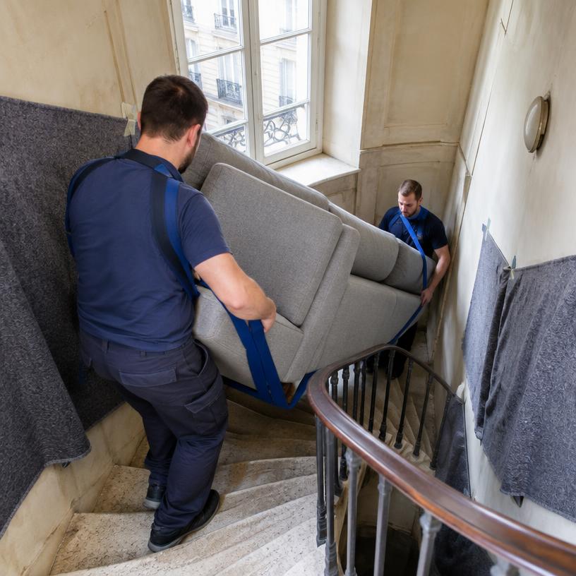 Descente d'un canapé avec sangles de levage dans un escalier à vis sans ascenseur à Vienne