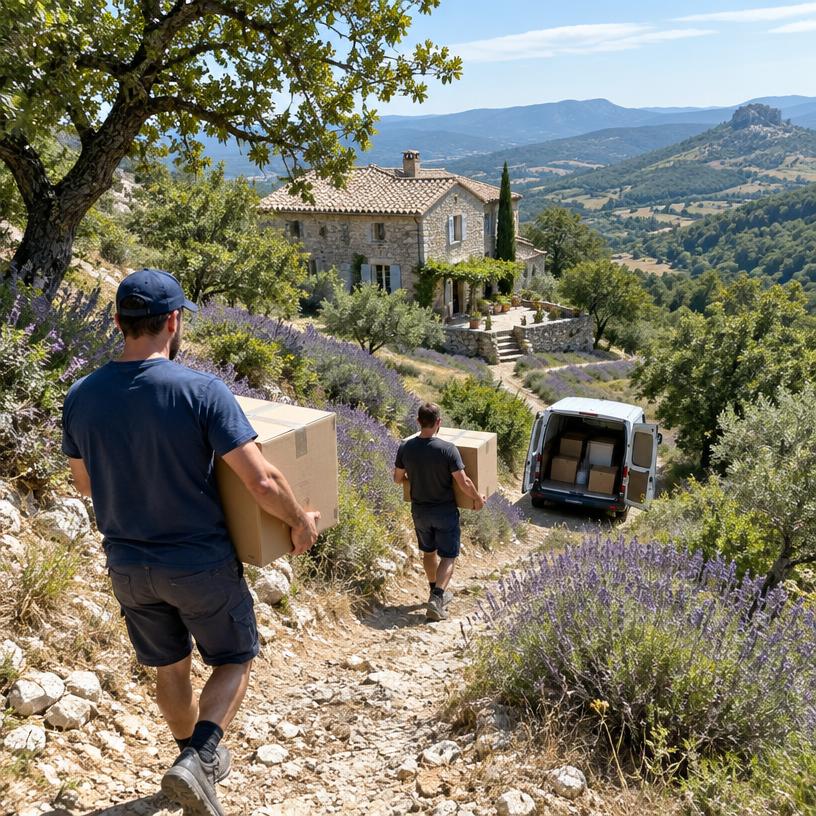 Portage de cartons sur un chemin escarpé vers une maison isolée dans les collines de la Drôme