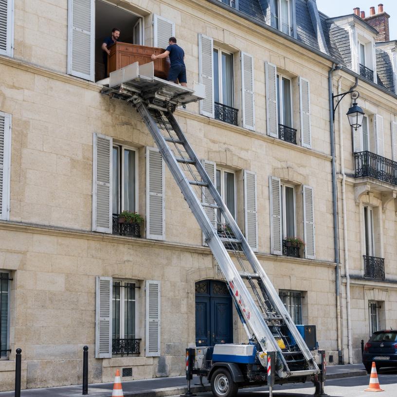 Monte-meuble installé devant une façade ancienne à Annonay pour passer un buffet par la fenêtre