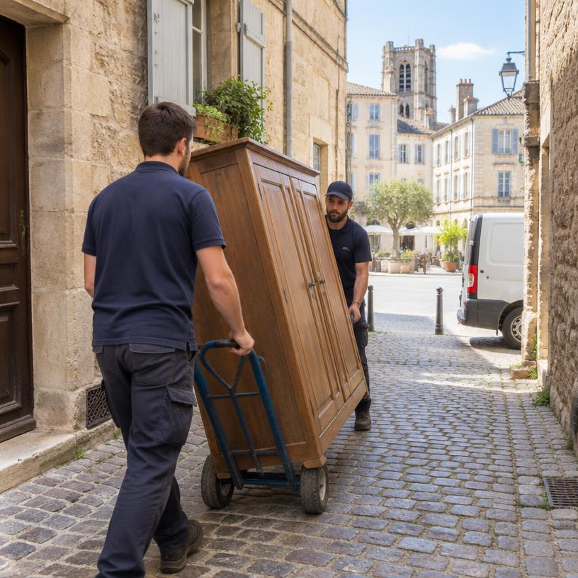 Débarras en ruelle piétonne du Vieux Valence : armoire transportée au diable entre les façades anciennes