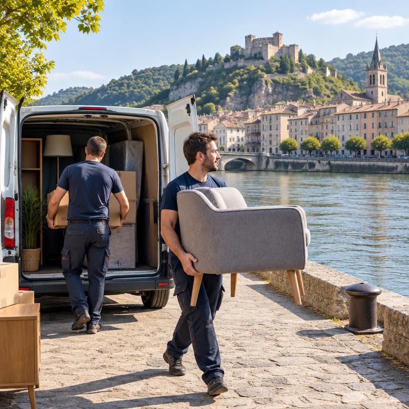 Chargement d'un utilitaire sur les quais de Tournon-sur-Rhône face au château