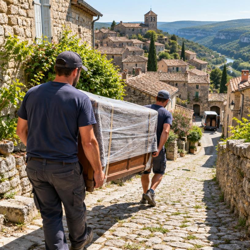 Portage manuel d'un canapé filmé dans une ruelle pavée en pente d'un village perché d'Ardèche