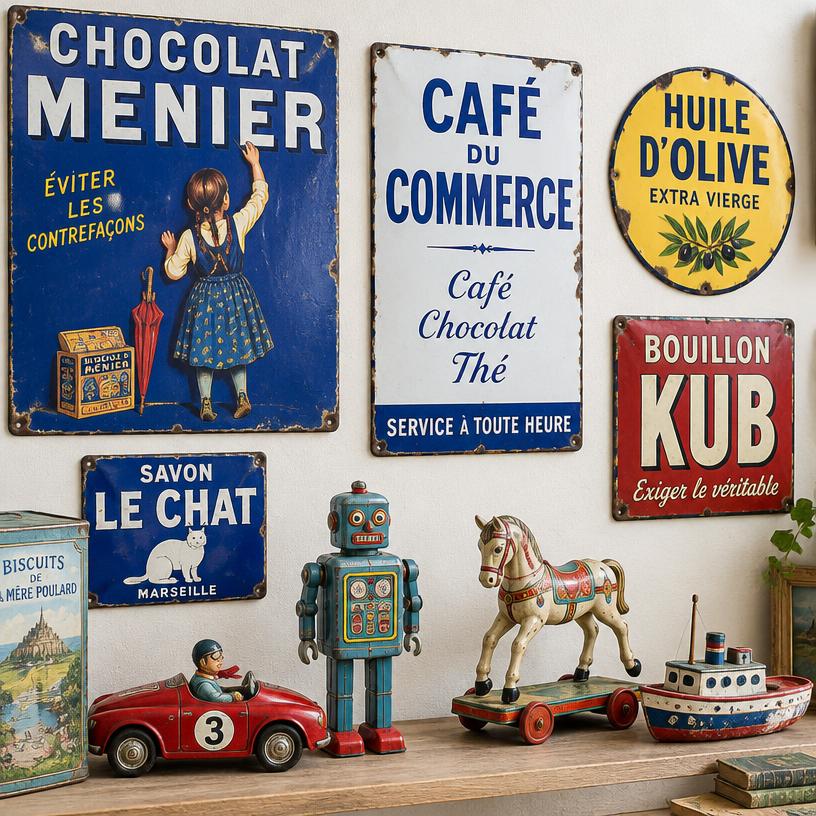 Plaques émaillées et jouets en tôle