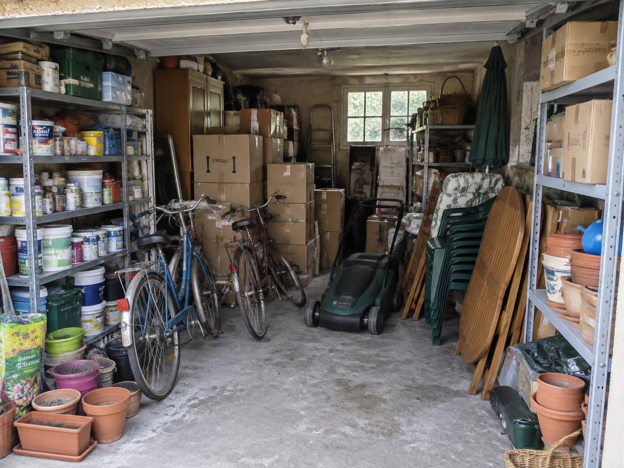 Garage de maison encombré de cartons, vélos et tondeuse où la voiture ne rentre plus