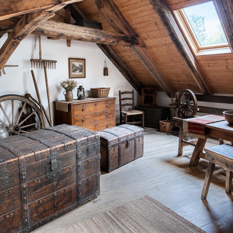 Malles en bois anciennes, mobilier de ferme et outils d'époque découverts dans un grenier