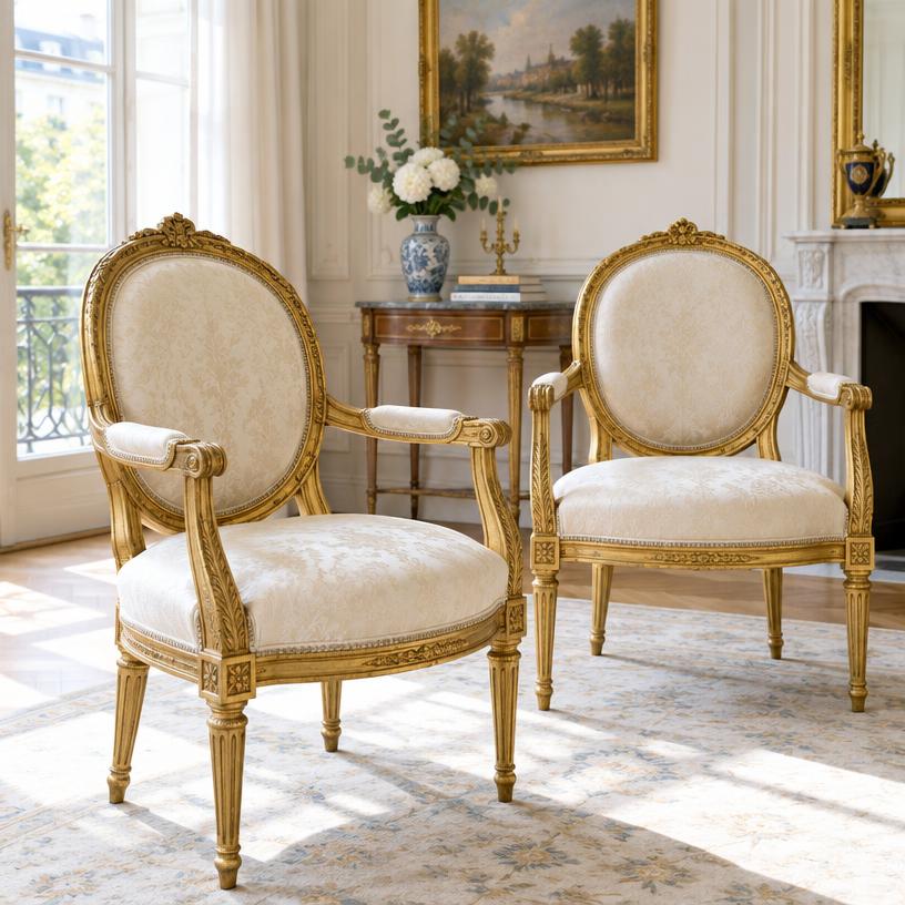 Paire de fauteuils Louis XVI dorés