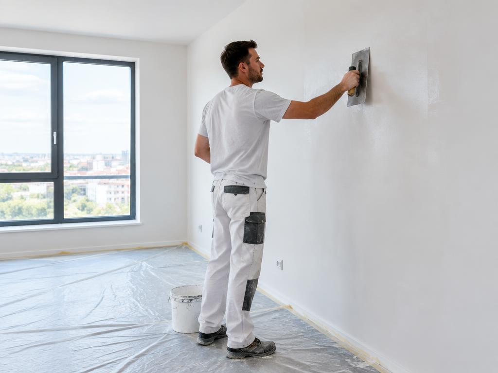 Artisan plaquiste peintre réalisant un enduit de lissage parfait dans un appartement lumineux