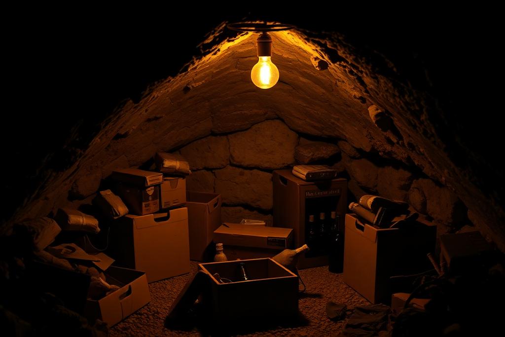 Cave encombrée de cartons et vieux objets avant notre passage